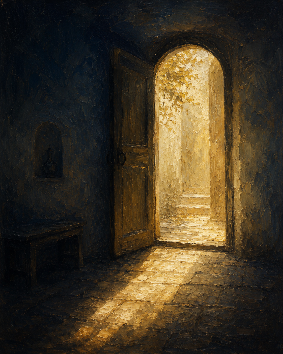 An open door, and the way continuing beyond it.